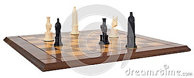 chessboard and chess pieces. The board is made of wood. The game is 