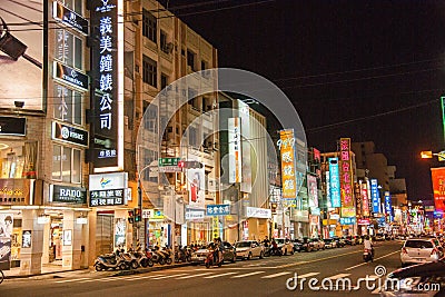 Chiayi City street shops in the mountain night