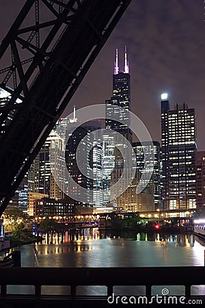 Chicago City Night View - From a bridge over the Chicago River