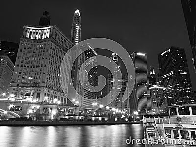 Chicago River at Night Black and White