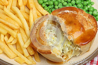 Chicken Pie with Chips and Peas