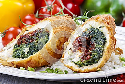 Chicken roll stuffed with spinach and dried tomatoes