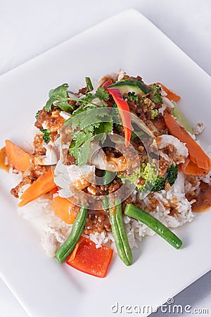 Chicken stir-fry with vegetable and rice asia food