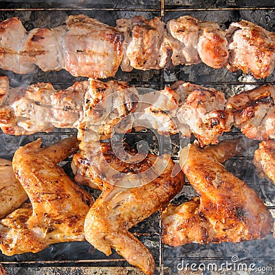 Chicken wings and Juicy roasted kebabs and on the BBQ