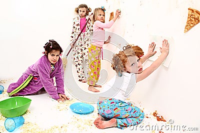 Children Clean Up After Food Fight Pajama Party