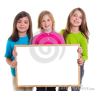 Children girls group holding blank white board copy space