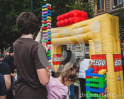 Children play with Lego bricks in Milan, Italy