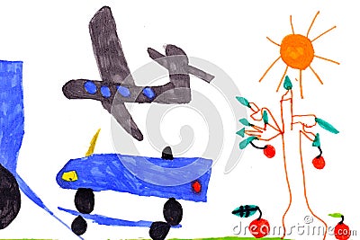 Children s drawing. airplane, car, tree, sun