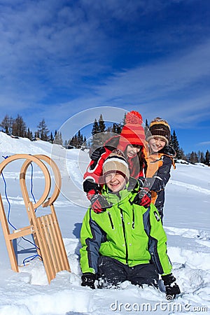 Children with sledge in Winter
