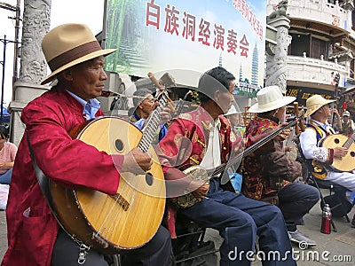 Chinese Ethnic People Perform Traditional Music -- Bai people in Dali, Yunnan perform music in a traditional band.