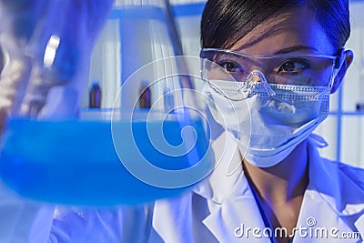 Chinese Female Woman Scientist Blue Flask In Laboratory