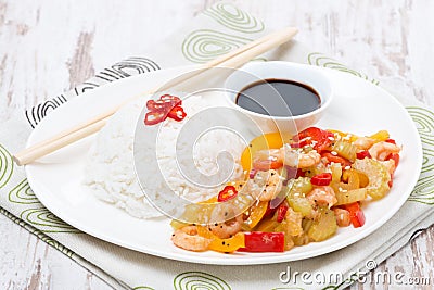 Chinese food, white rice and vegetables with shrimp
