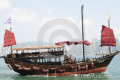 Chinese junk in Victoria harbour in Hong Kong