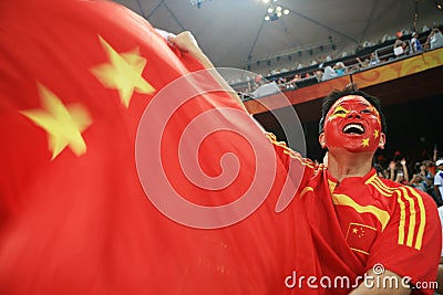 Chinese man screaming with chinese flag