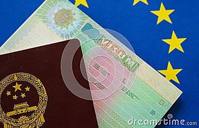 Chinese Passport on european flag with schengen vi