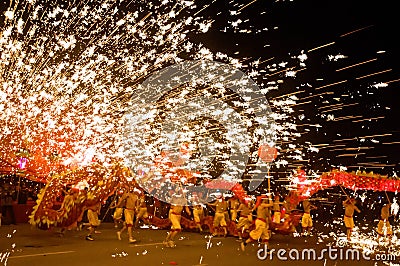 Chinese people dance dragon with hotting iron flow