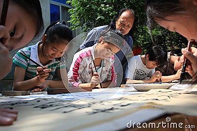 Chinese primary school students in learning callig