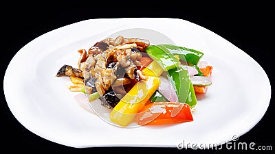 Chinese stir fry chicken and mushroom isolated on black background , chinese cuisine