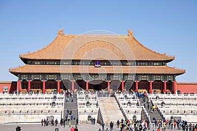 Chinese Visitors And Tourists Walking In Front Of The Hall Of Supreme Harmony In The Forbidden City In Beijing, China