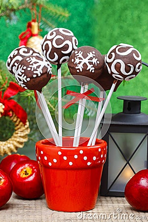 Chocolate cake pops in christmas setting