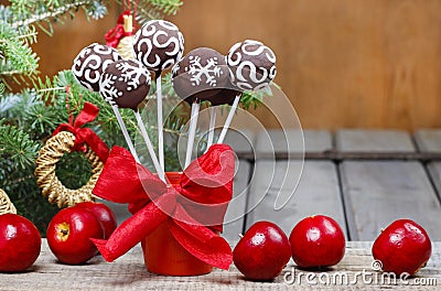 Chocolate cake pops in christmas setting