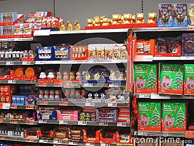 Chocolate or candy on a store shelf.