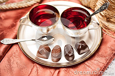 Chocolate candy, tea