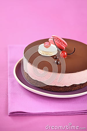 Chocolate Cherry Mousse Cake with macarons