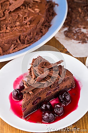 Chocolate mousse cake with dark cherries