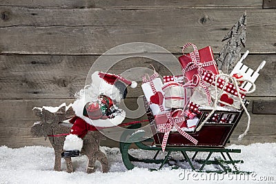 Christmas Card Decoration: Elks Pulling Santa Sleigh Of Presents Stock 