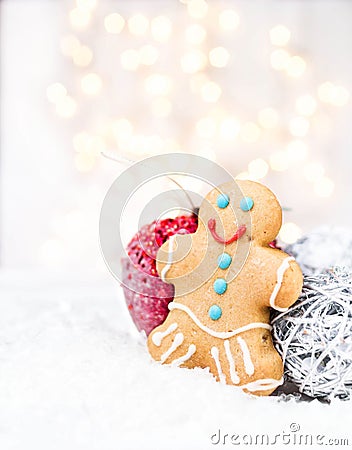 Christmas card with Gingerbread Man cookie, festive decorations