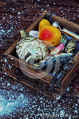 Christmas decorations in the old wooden box