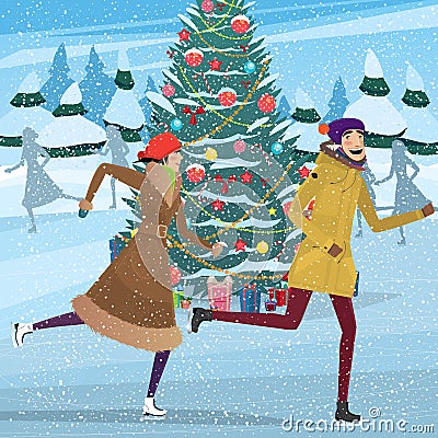 Christmas On Ice Skating Rink Stock Vector - Image: 63643761