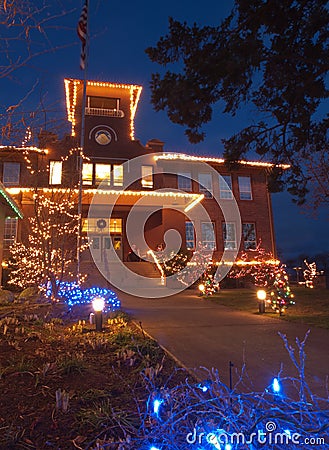 Christmas lights on historic school house