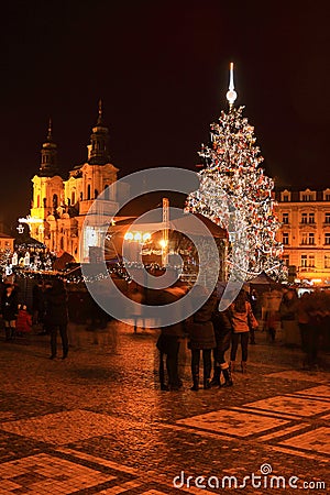 Christmas Mood on the colorful night Old Town Square, Prague, Czech Republic