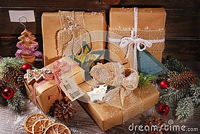 Christmas presents wrapped in eco paper