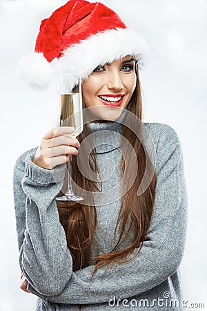 Christmas Santa hat isolated woman portrait.