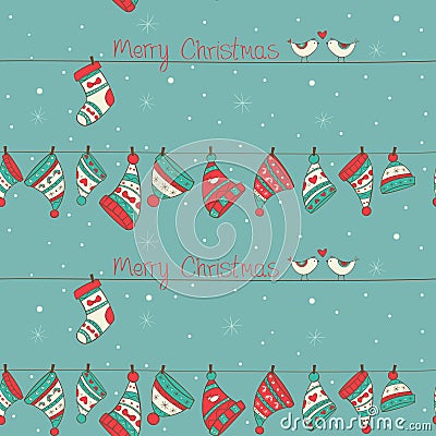 Christmas seamless pattern with birds, socks and h