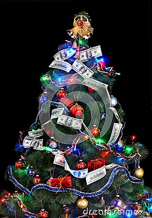 Christmas tree with money dollar garland.