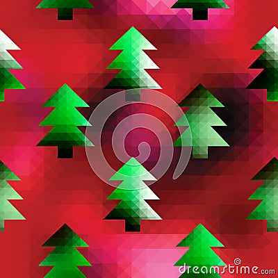 Christmas trees on red pixels background