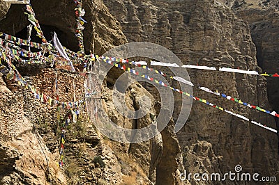 Chungsi monastery and prayer flags in Mustang