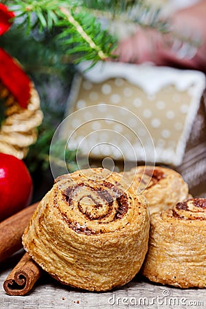 Cinnamon rolls in christmas setting