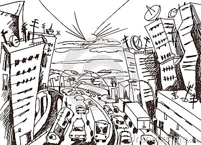 City escape doodle, traffic concept illustration