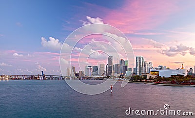 City of Miami Florida, colorful sunset panorama