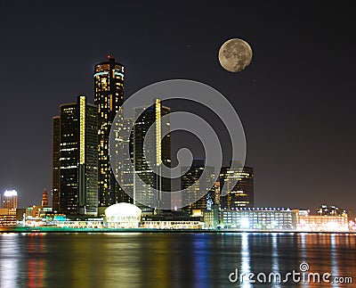 City skyline under moonlight