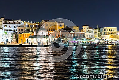 Cityscape and bay in city Chania/Crete/Greece, night