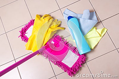 Cleaning products on the tile floor