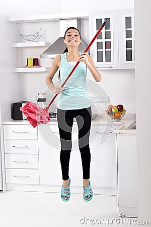 Cleaning woman happy jumping