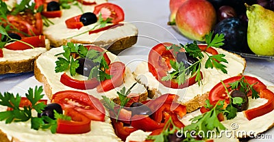 Close up on beautifully decorated tray with vegetarian sandwich garnished with tomatoes and parsley.