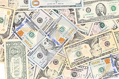 Close up of different dollar bills.